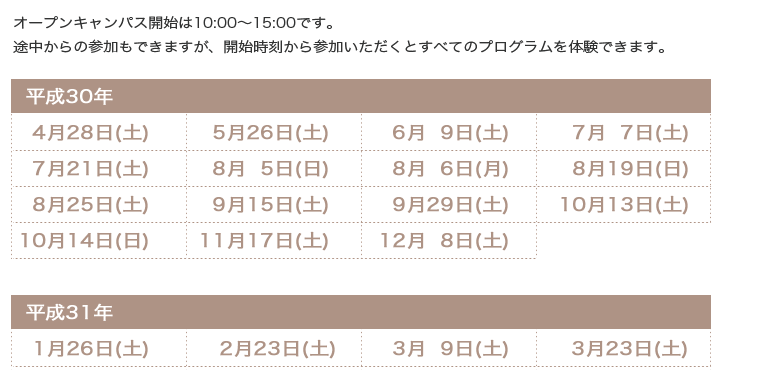 オープンキャンパス開始は10:00～15:00です。途中からの参加もできますが、開始時刻から参加いただくとすべてのプログラムを体験できます。